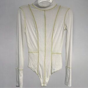 Free People White Bodysuit with Yellow Stitching